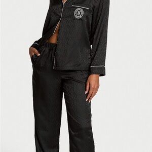 Victoria's Secret Glazed Satin Pajama Set w/ Elegant Trim (Black/VS Logo Print)